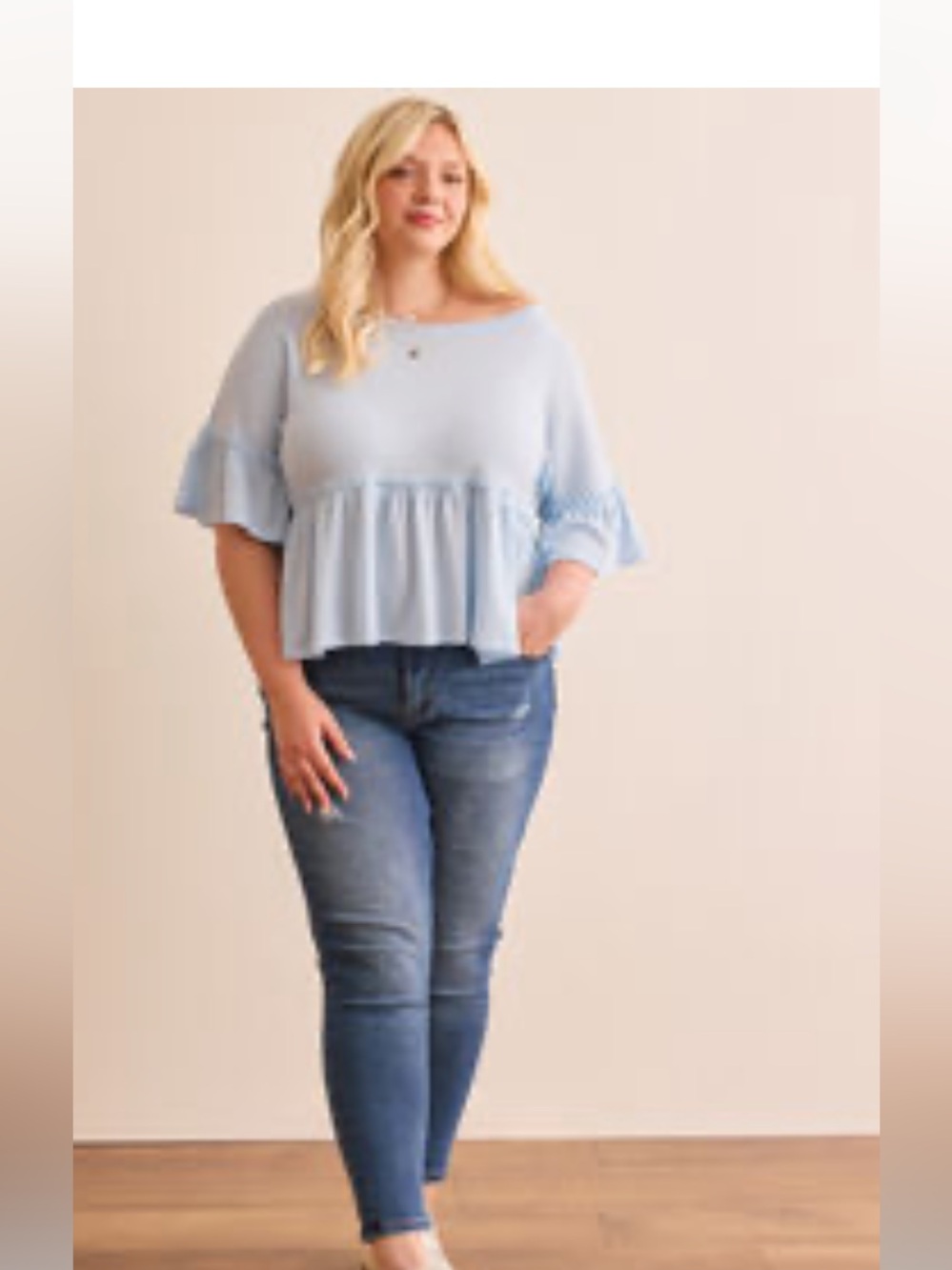 Arula Fine Wale Waffle Knit Baby Blue Flounce Top NWT 1X